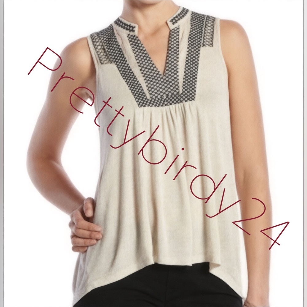 Retro Lucky Brand Stone & Navy Cross Stitch Embroidered Bib Tunic